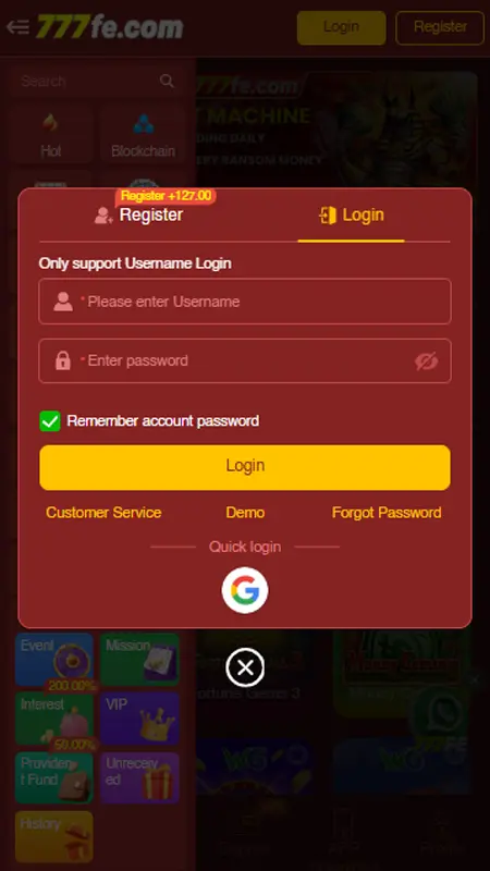 777Fe Game Login Screen – Sign In to Start Playing and Earning
