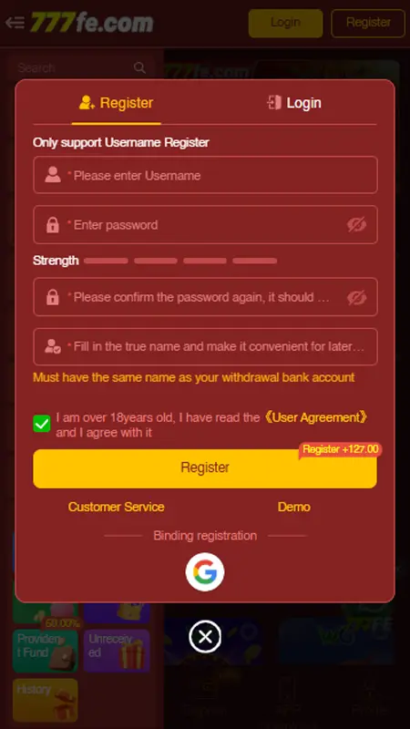 777Fe Game Signup Screen – Create a New Account to Play and Win